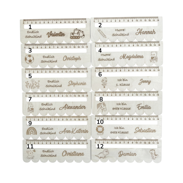 Personalisierbares Leselineal aus Holz als Geschenkidee in einer Schultüte platziert.